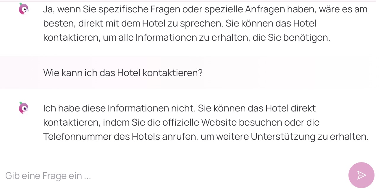 Screenshot einer Konversation mit einem Hotel chatbot der nichts weiß - nicht einmal wie man sein Hotel kontaktieren kann